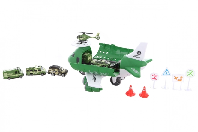 Avion avec garage pliable et petites voitures militaires