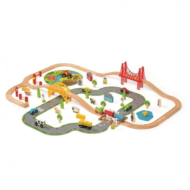 Bigjigs Rail Circuit en bois avec route de campagne 80 pièces