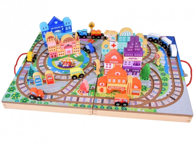 Circuit de train en bois avec coffret