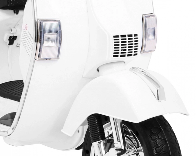 Scooter électrique pour enfants Vespa blanc avec roulettes auxiliaires, audio et similicuir