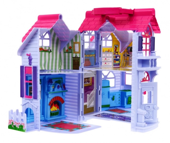 Maison de poupées pliable 3+ Violet + figurines de famille + chien + meubles + 2 étages