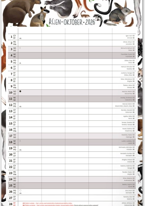 Calendrier mural Planificateur familial 2026 avec illustrations Animalium