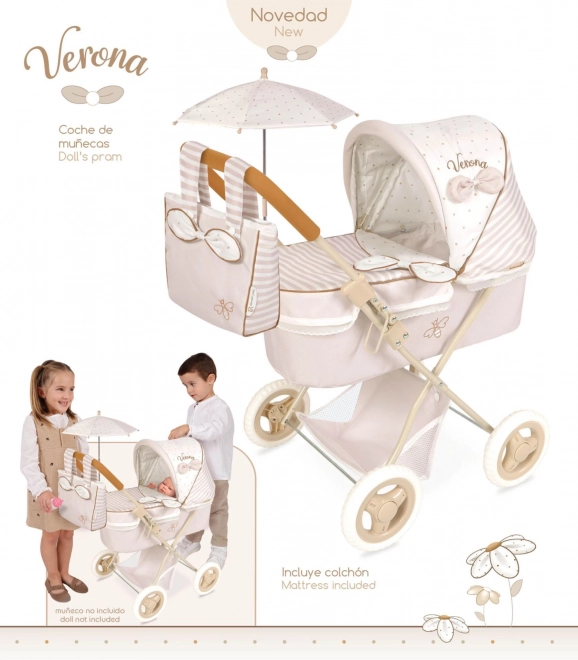 Poussette pliable pour poupées avec pare-soleil et sac Verona 60 cm