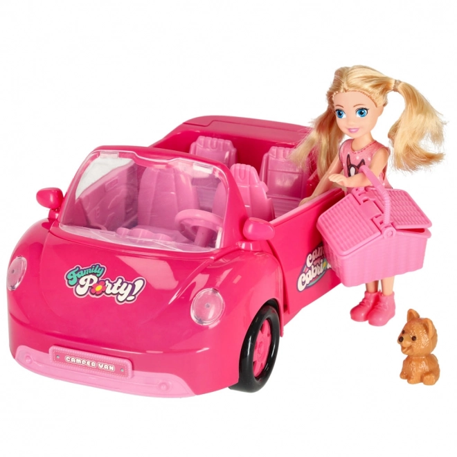 Cabriolet rose pour poupées avec set de pique-nique et petit chien