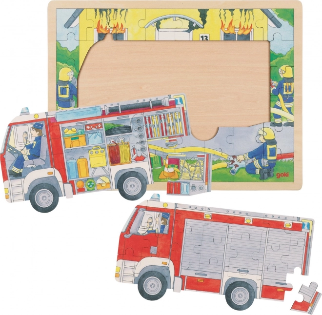 GOKI Puzzle en bois multicouches Pompiers au travail 59 pièces