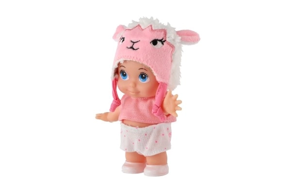 Poupée/bébé avec bonnet, plastique corps rigide 15cm, 4 types dans boîte 9x16x6cm