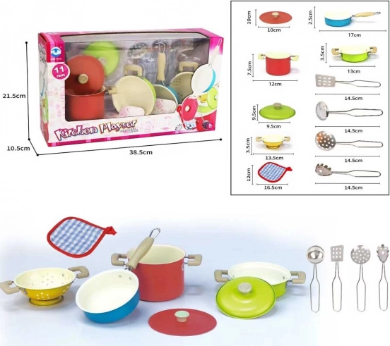 Ensemble coloré de casseroles et d’accessoires de cuisine pour enfants – métal, 11 pièces