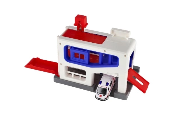 Garage de stationnement avec véhicule ambulance