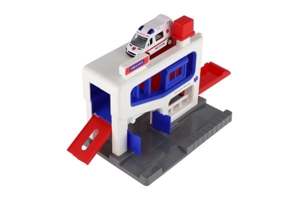 Garage de stationnement avec véhicule ambulance
