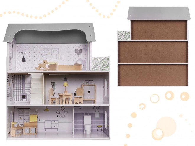 Maison de poupée avec meubles en bois gris