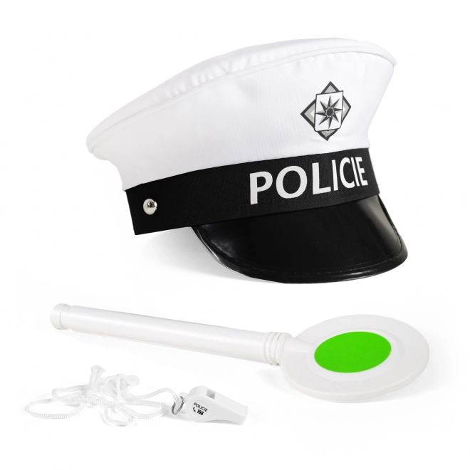 Ensemble de police de circulation tissu/plastique casquette, bâton, sifflet sur carte 30x48x8cm