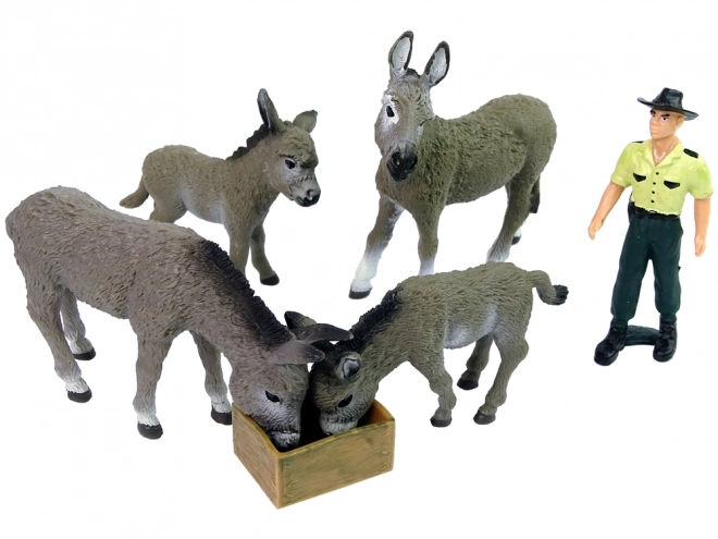 Ensemble de figurines Quatre fermiers ânes Clôture grise