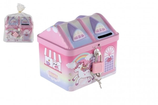 Tirelire maison Licorne en métal avec cadenas rose