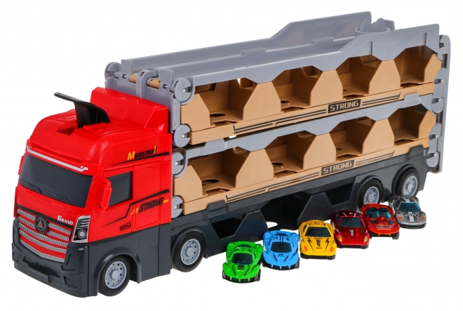 Camion avec piste déployable, petites voitures et lanceur 3 en 1
