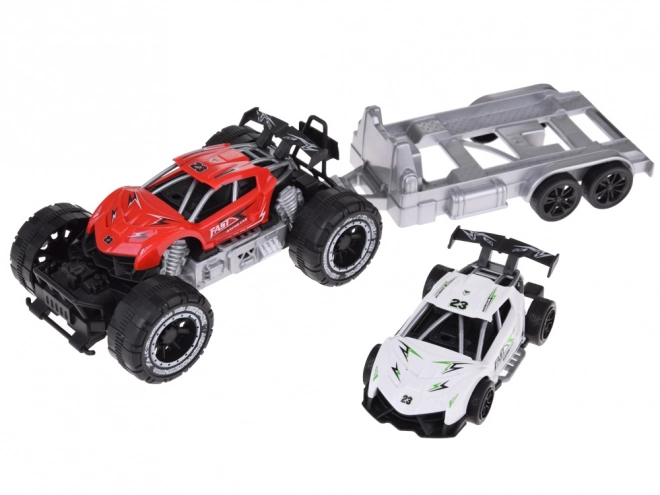 Voiture tout-terrain avec remorque et petite voiture de sport