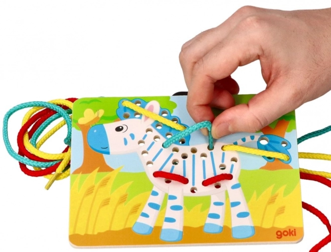 Jouets en bois à enfiler Goki - Perroquet, Lion et Zèbre