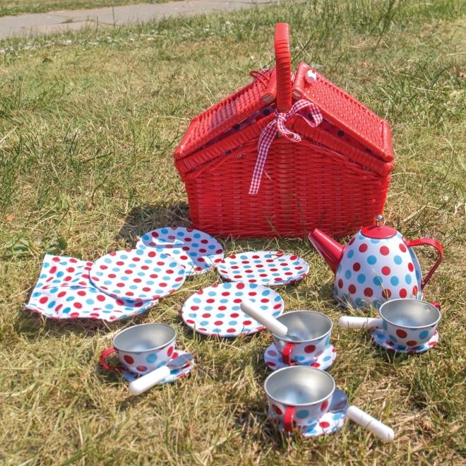 Bigjigs Toys Ensemble à pois pour le thé dans un panier de pique-nique