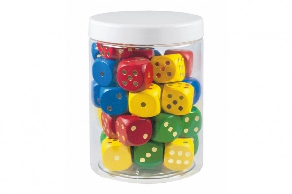 Dés colorés en bois jeu de société 25mm 34 pcs dans boîte plastique 10x14cm 12m+