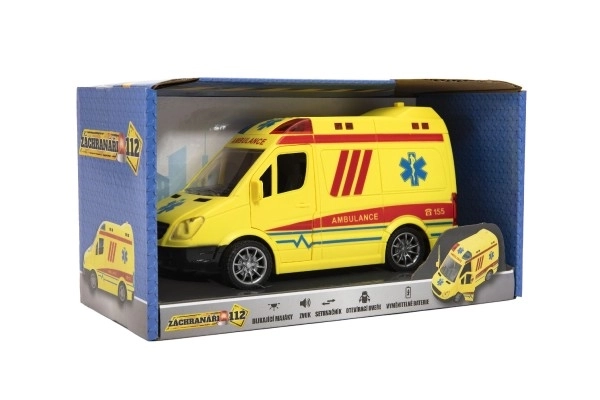 Ambulance jouet plastique 20cm à inertie sur piles avec son et lumière dans boîte 26x15x12cm