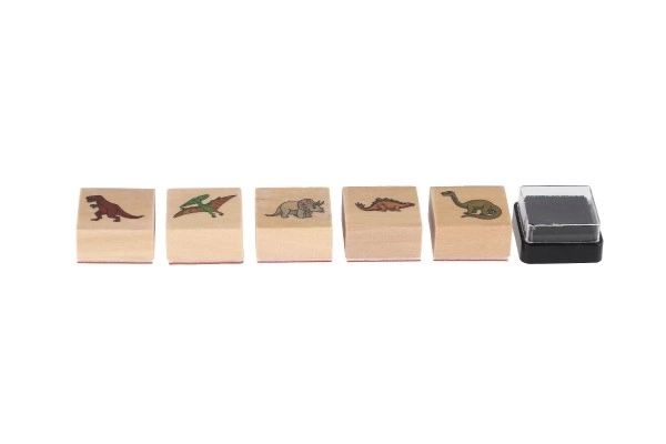 Tampons en bois 5+1 avec coussinet dinosaures 3x3cm sur carte