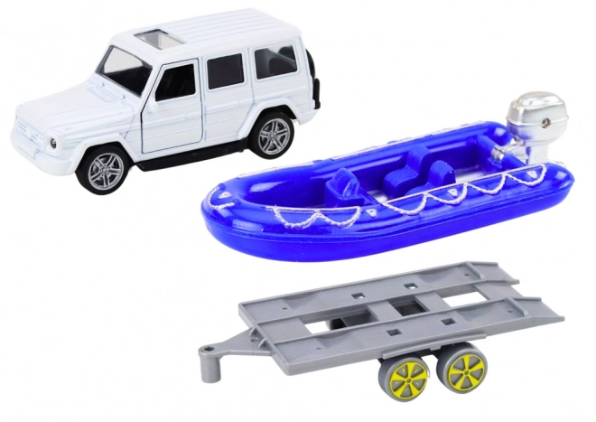 Voiture tout-terrain avec remorque et bateau à moteur Métal Blanc Bleu