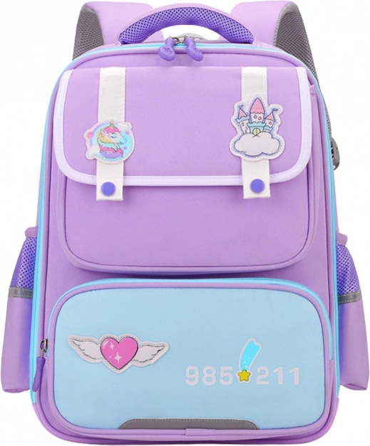 Sac à dos scolaire avec écussons et ceinture de poitrine violet 16L