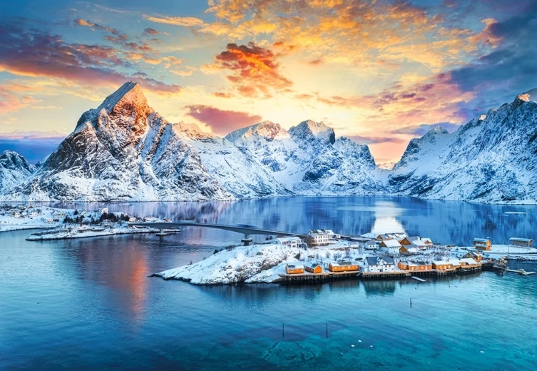 Puzzle Lever de soleil sur Sakrisøya, Lofoten, Norvège 1000 pièces
