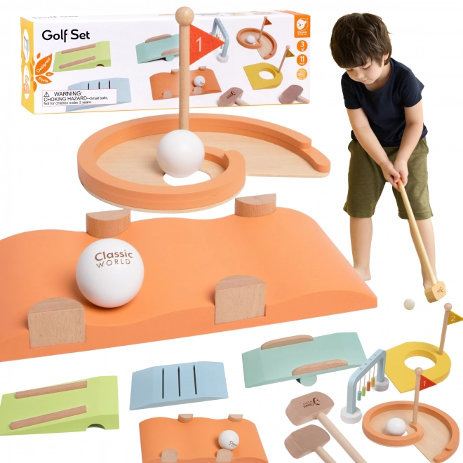 Ensemble de golf en bois avec divers obstacles