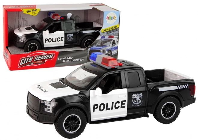 Véhicule tout-terrain de police avec portes ouvrantes, lumière et son noirs