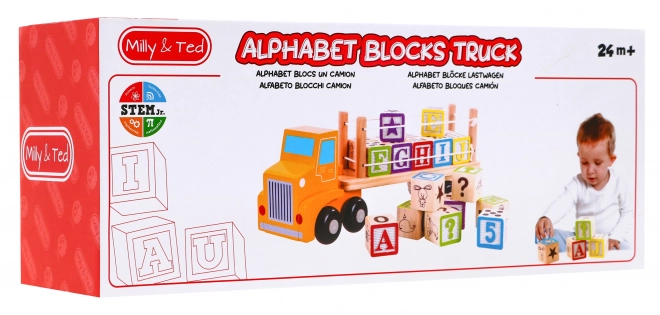 Camion en bois avec remorque et blocs pour enfants 2+ Jouet éducatif + blocs avec lettres et chiffres