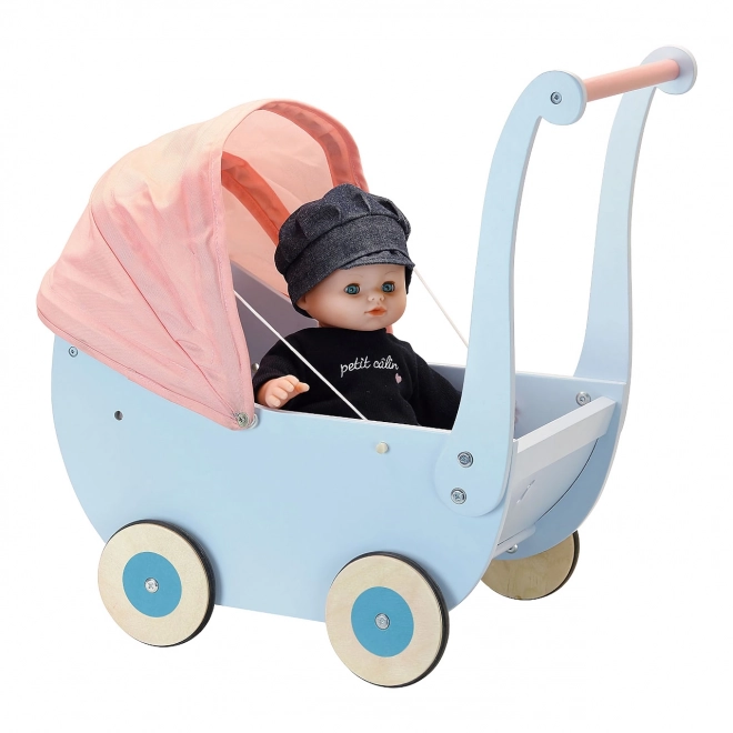 Petitcollin Poussette en bois bleue (pour poupée jusqu'à 40 cm)
