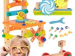 Jeu de construction en bois, établi avec tabouret, 49 pièces