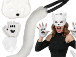 Costume chat, renard ou loup RUHHY – set blanc 4 en 1 avec masque, queue et pattes