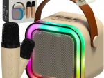 Set karaoké avec haut-parleur Bluetooth, 2 microphones et éclairage LED 6 W – beige