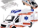 Ambulance de secours des pompiers avec lumières et sons, portes ouvrantes et brancard