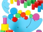 Jeu d’équilibre Montessori lune en bois avec dé en blocs colorés