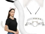 Costume chat, renard ou loup 3-en-1 RUHHY – set blanc avec queue, oreilles et choker