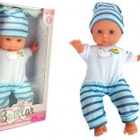 Poupée bébé en pyjama rayé bleu et blanc, 30 cm