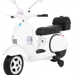 Scooter électrique pour enfants Vespa blanc avec roulettes auxiliaires, audio et similicuir