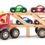 Transporteur de voitures en bois avec 4 petites voitures de course