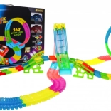Circuit de course lumineux pour enfants 3+ avec petites voitures LED, loopings 360°, dénivelés, 166 pièces