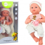 Poupée bébé en tenue blanc‑rose avec tétine et bonnet