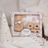 Coffret cadeau Doudou lapin en peluche beige et chaussons