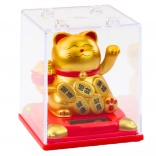 Chat porte-bonheur chinois figurine solaire en vitrine dorée