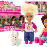 Mini poupée aux cheveux longs avec petit animal en tenue colorée