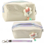 Trousse de maquillage beige avec nœud et paillettes