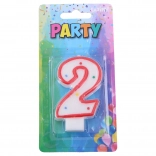 Bougie de fête chiffre 2 pour gâteau – blanche avec bord rouge et pois