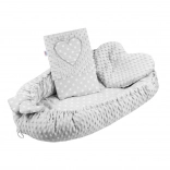 Nid bébé luxueux avec coussin et couette NEW BABY Minky cœur – gris