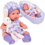 poupée bébé réaliste avec panier et lapin en peluche, gris