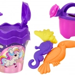 Set de plage pour enfants avec licorne – seau, pelle, râteau, arrosoir et moules (violet)